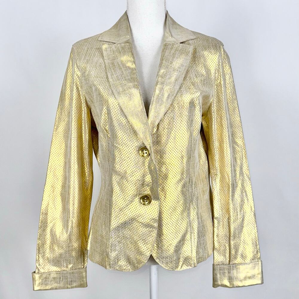 Cache Vintage Coated 100% Leather Blazer Jacket Women's Large Gold